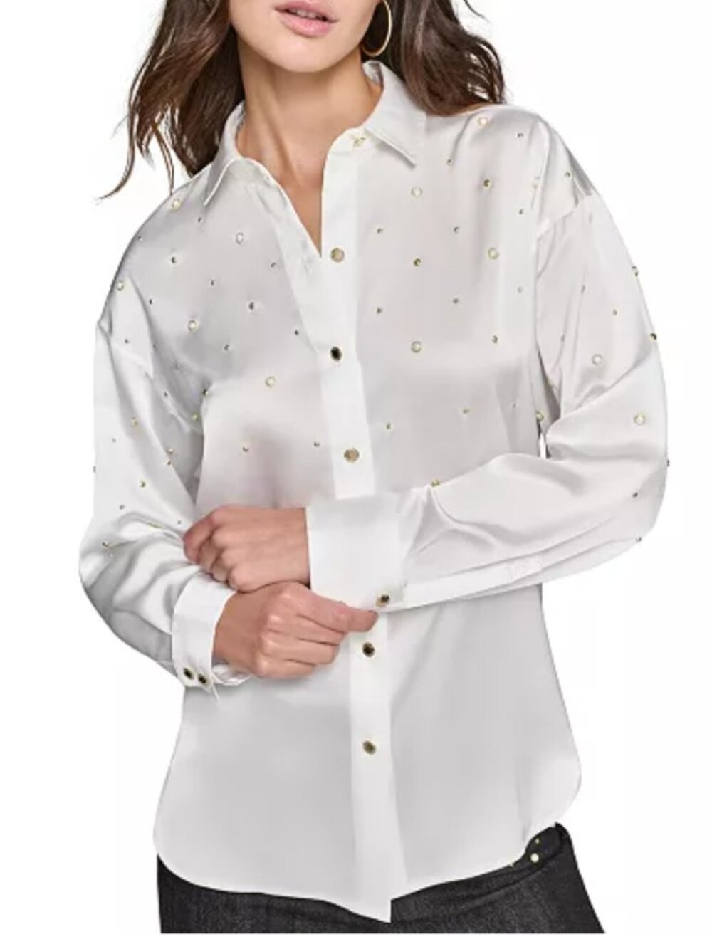 KARL LAGERFELD PARIS Women's Embellished Long Sleeve Button-Front Top Size Large